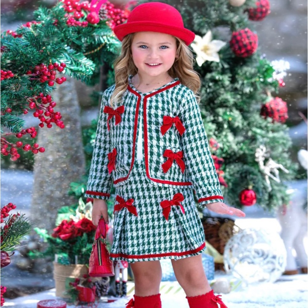 Christmas Matching Outfit Blazer & Pleated Skirt Set With Bows